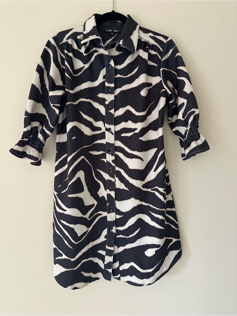 Boho Chic Black & White Zebra Print Faux Suede Shirt Dress | Size XS